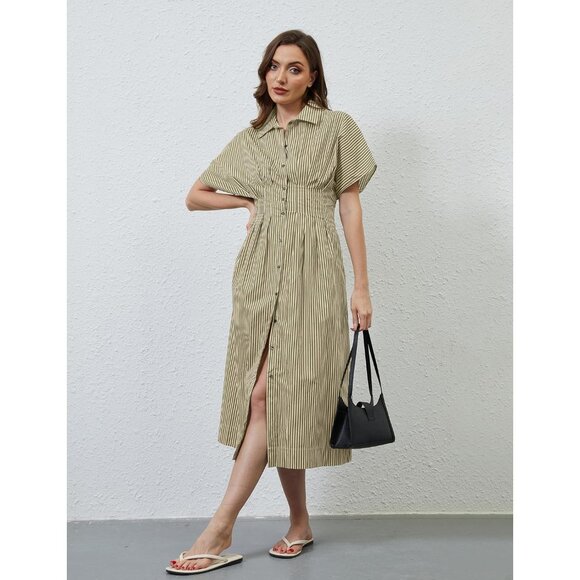 Women Maxi Dress Summer Casual Button Pleated Long Dress Short Sleeve - Picture 6 of 7